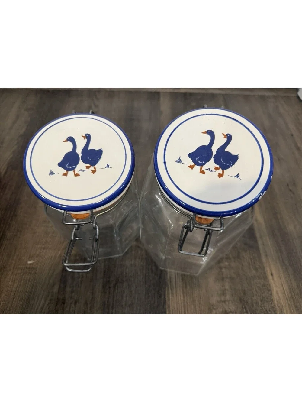 Geese Set Of 2 Vintage Italian Glass Canister Storage Jars w/Locking Cottagecor